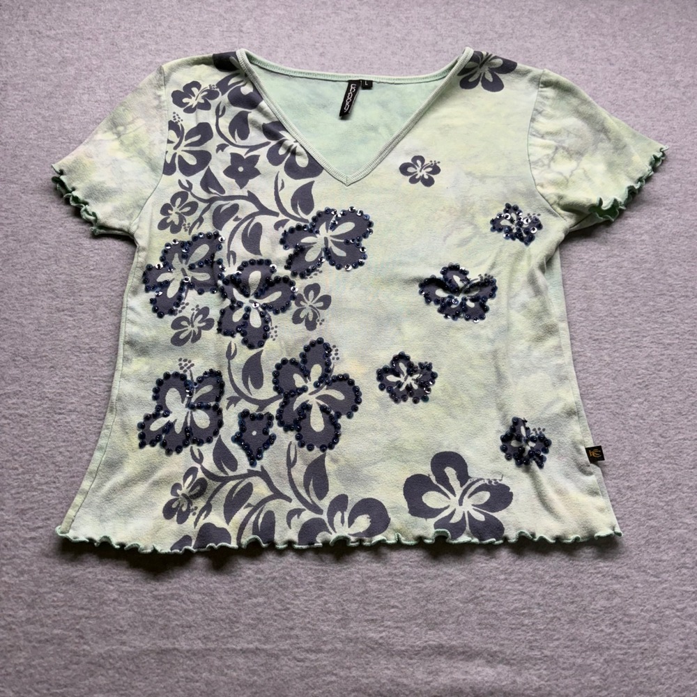 Khadory Womens Green Tie Dye Floral Sequin Lettuce Edge V-Neck Top Large 5762